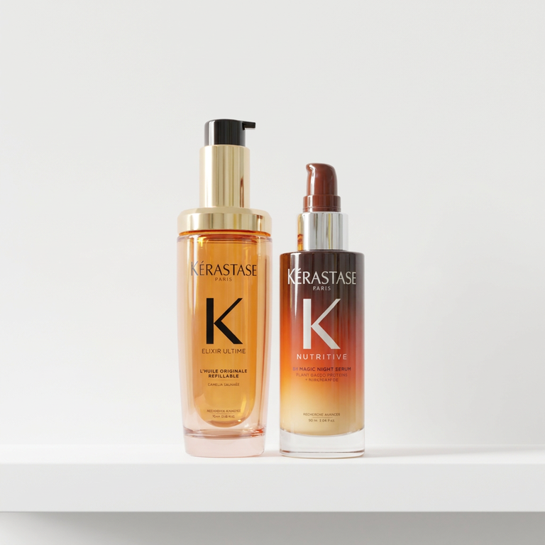 Elixir Oil and Nutritive 8H Night Serum on White Background